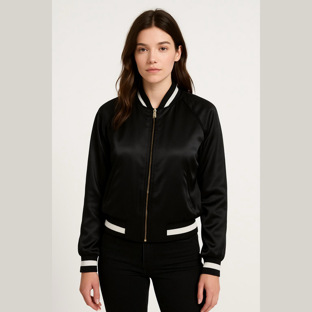 Aritzia Little Moon Black Bomber Jacket with White Stripes